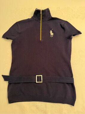 Ralph Lauren Navy Short-Sleeve Polo Sweater with Yellow Zip and Navy Belt